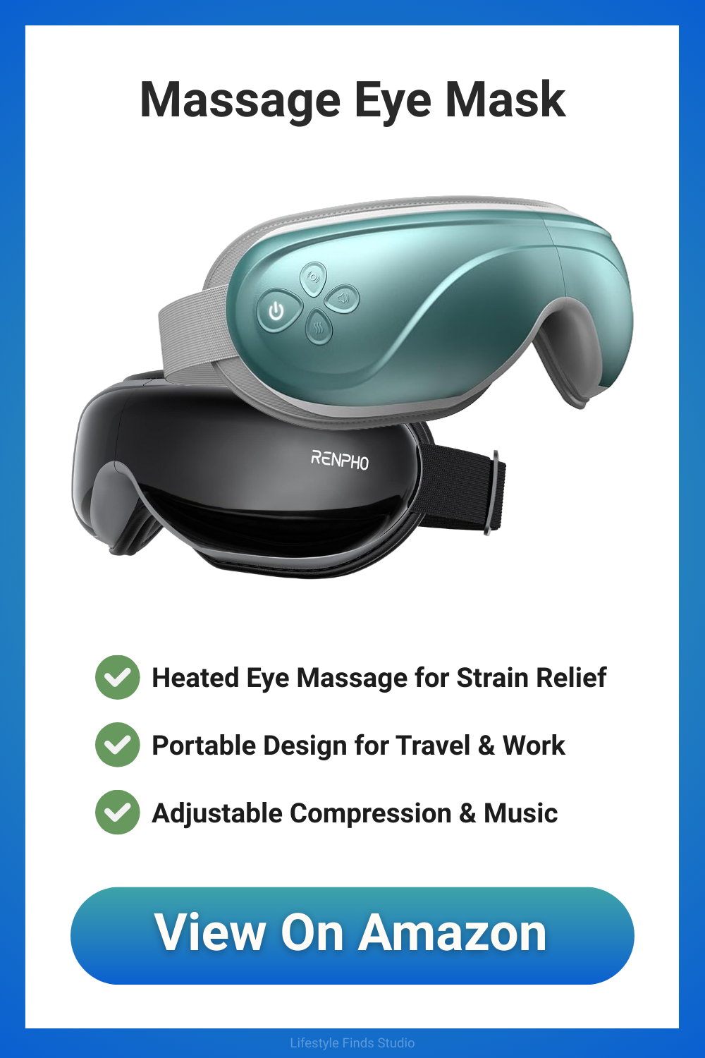 Massage eye mask, teal and black. Features include heat, portability, compression, and music. View on Amazon button.