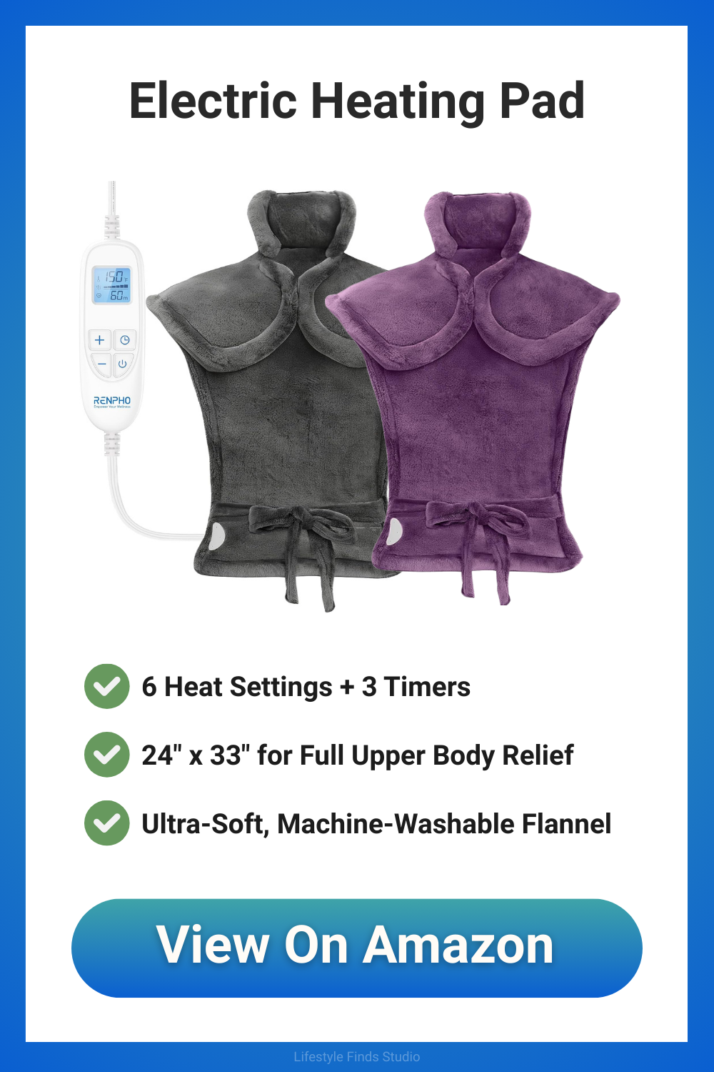 Electric heating pad, gray and purple, with control panel. Features: six heat settings, timers, flannel, Amazon link.