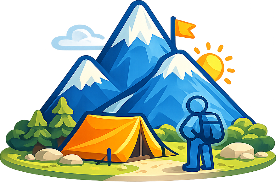 Person with backpack stands near a tent in front of mountains with a flag, sun, and trees.