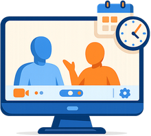 Video call on a computer screen. Two figures, orange and blue, appear to be interacting. Calendar and clock icons.