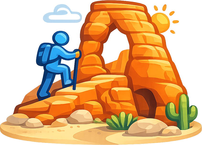Blue hiker with backpack ascending sandstone arch, sun in desert landscape.
