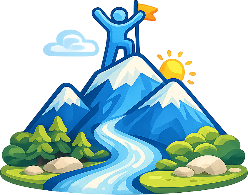 Person celebrates success atop a mountain, flag raised. Sunny scene with river, trees, and clouds.