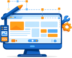 Website design illustration with a computer screen, pen, and tools.