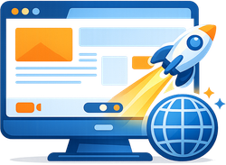 Computer screen with rocket launching, globe, and website layout elements, indicating web launch.