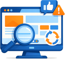 Computer screen with magnifying glass, alert, thumbs up, and refresh icon.