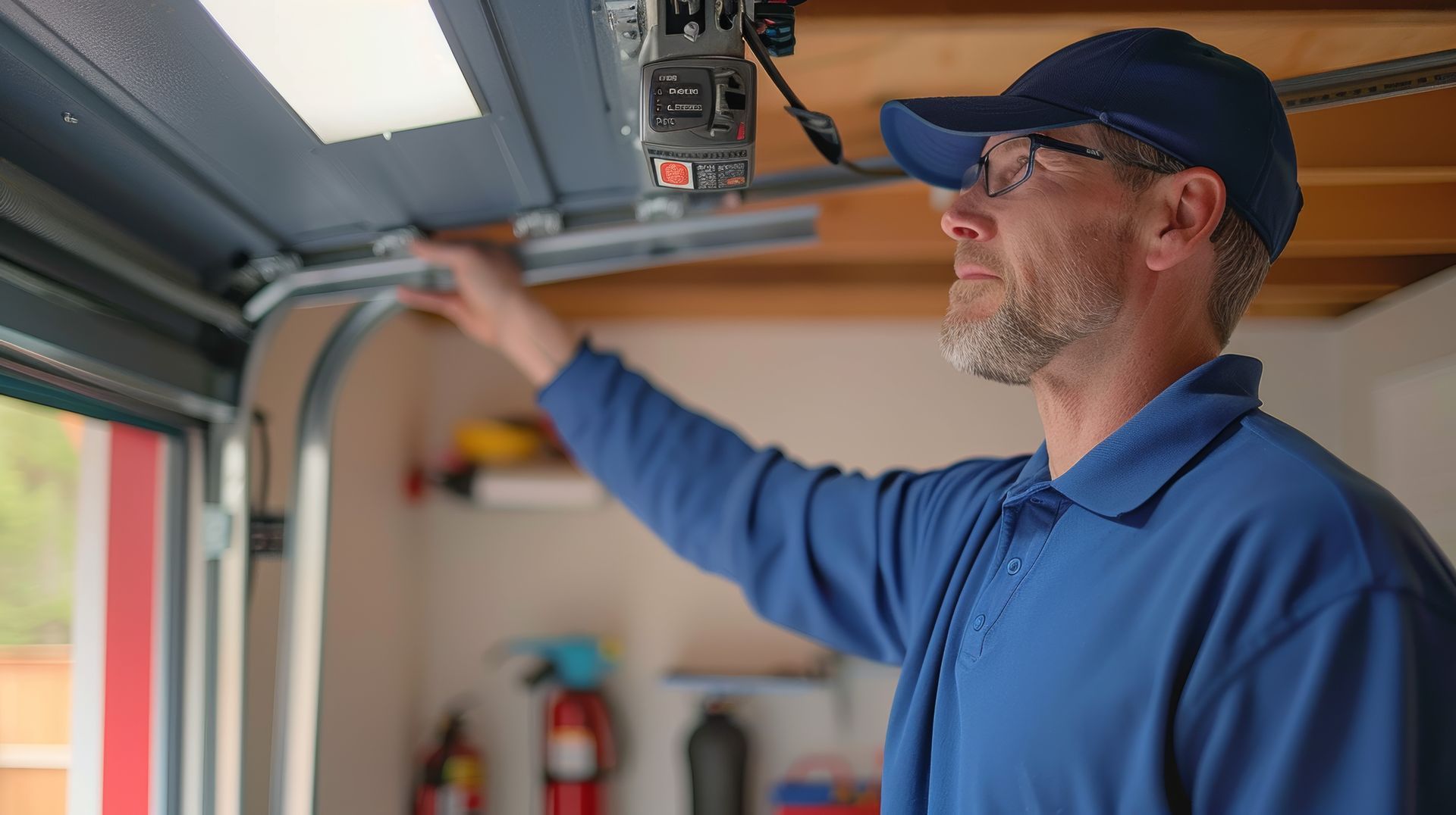 A technician is performing garage door motor work by inspecting the opener and tracks in a garage.