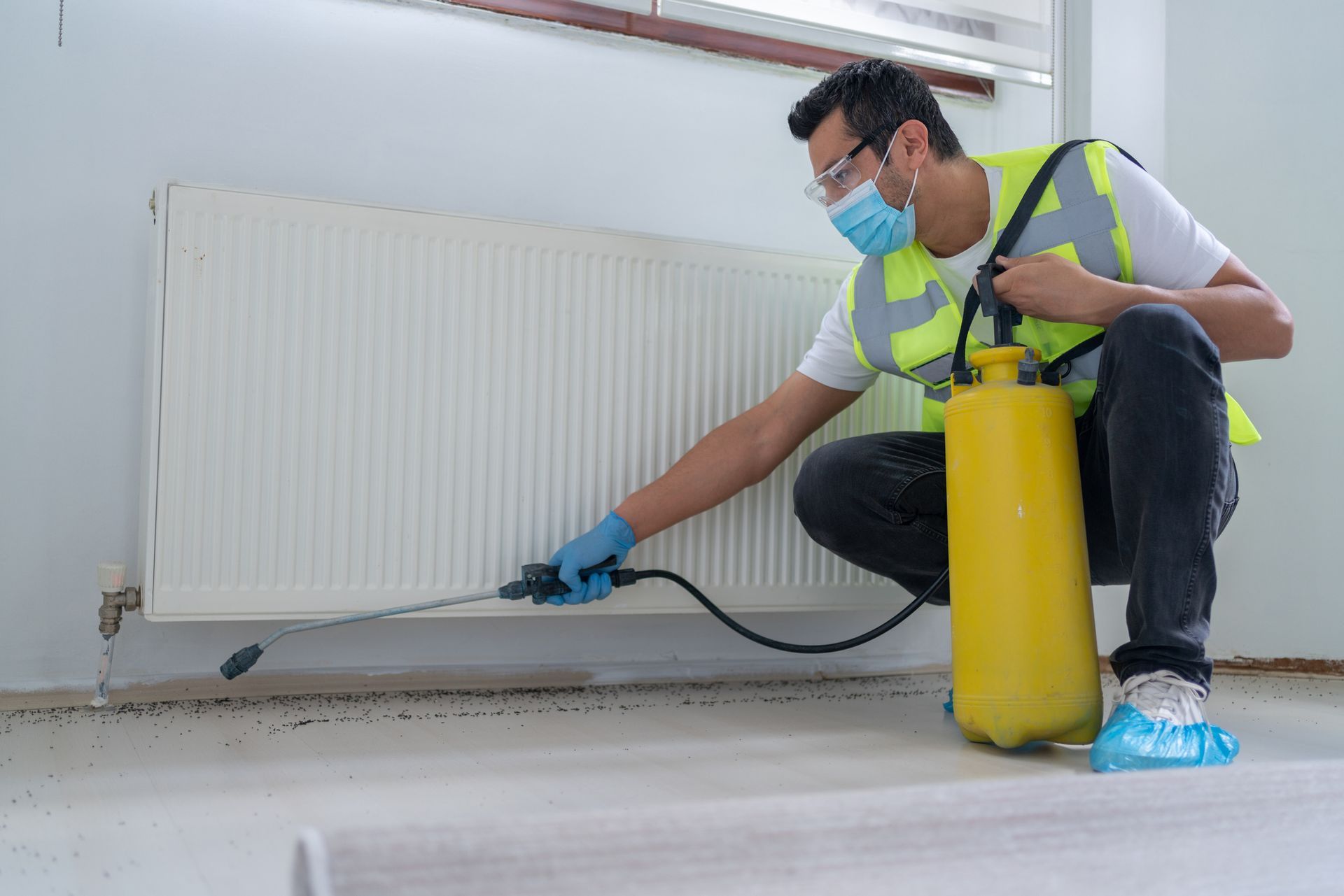 A person in a safety vest and gloves spraying a wall for professional pest control services.