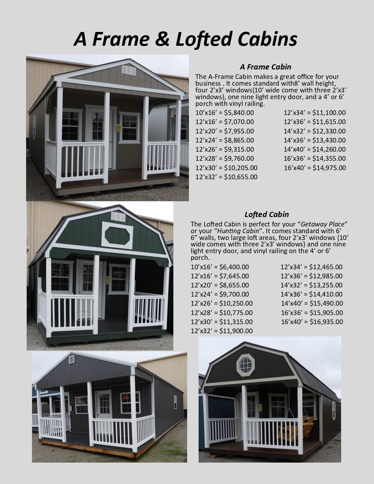 A promotional flyer for wooden sheds, featuring several shed designs and price tables.