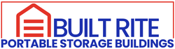 Logo for Built Rite Portable Storage Buildings, red and blue colors, building graphic.
