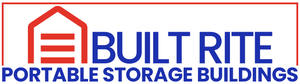 Logo for Built Rite Portable Storage Buildings, red and blue colors, building graphic.