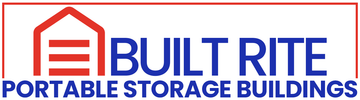 Logo for Built Rite Portable Storage Buildings, red and blue colors, building graphic.