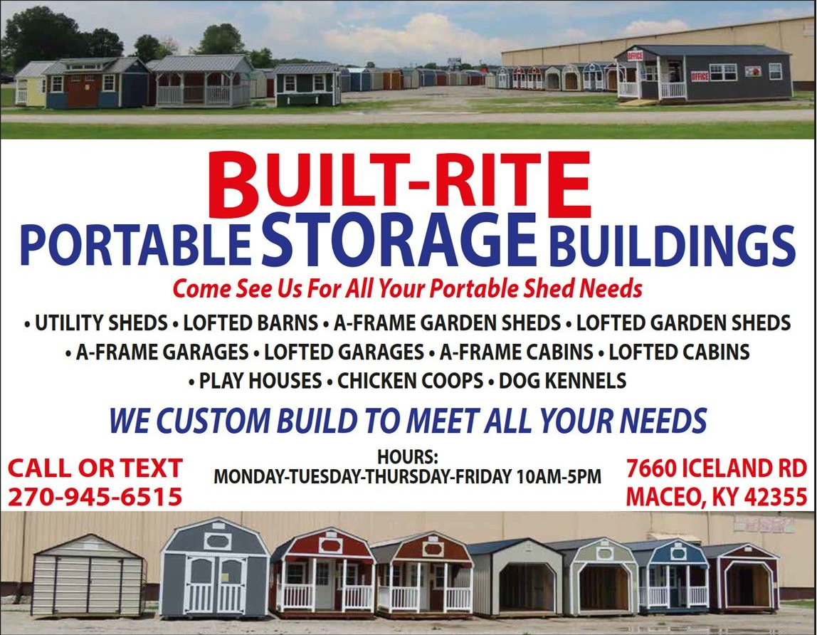 Advertisement for Built-Rite Portable Storage Buildings, offering sheds, garages, cabins, and more. Located in Maceo, KY.