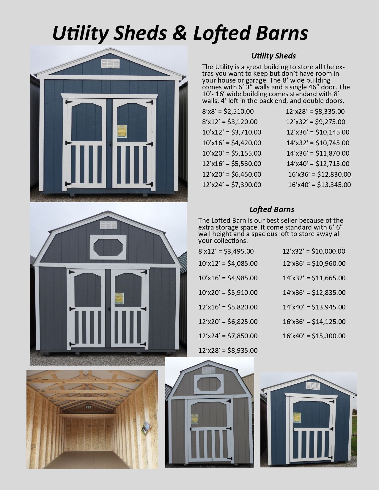 Shed catalog showing various shed styles with dimensional & pricing information.