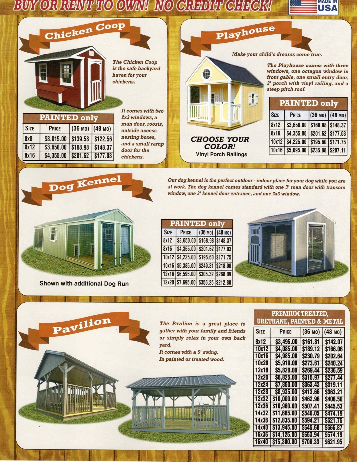 Brochure of shed and garage styles, with dimensions and pricing. Brown and beige background.