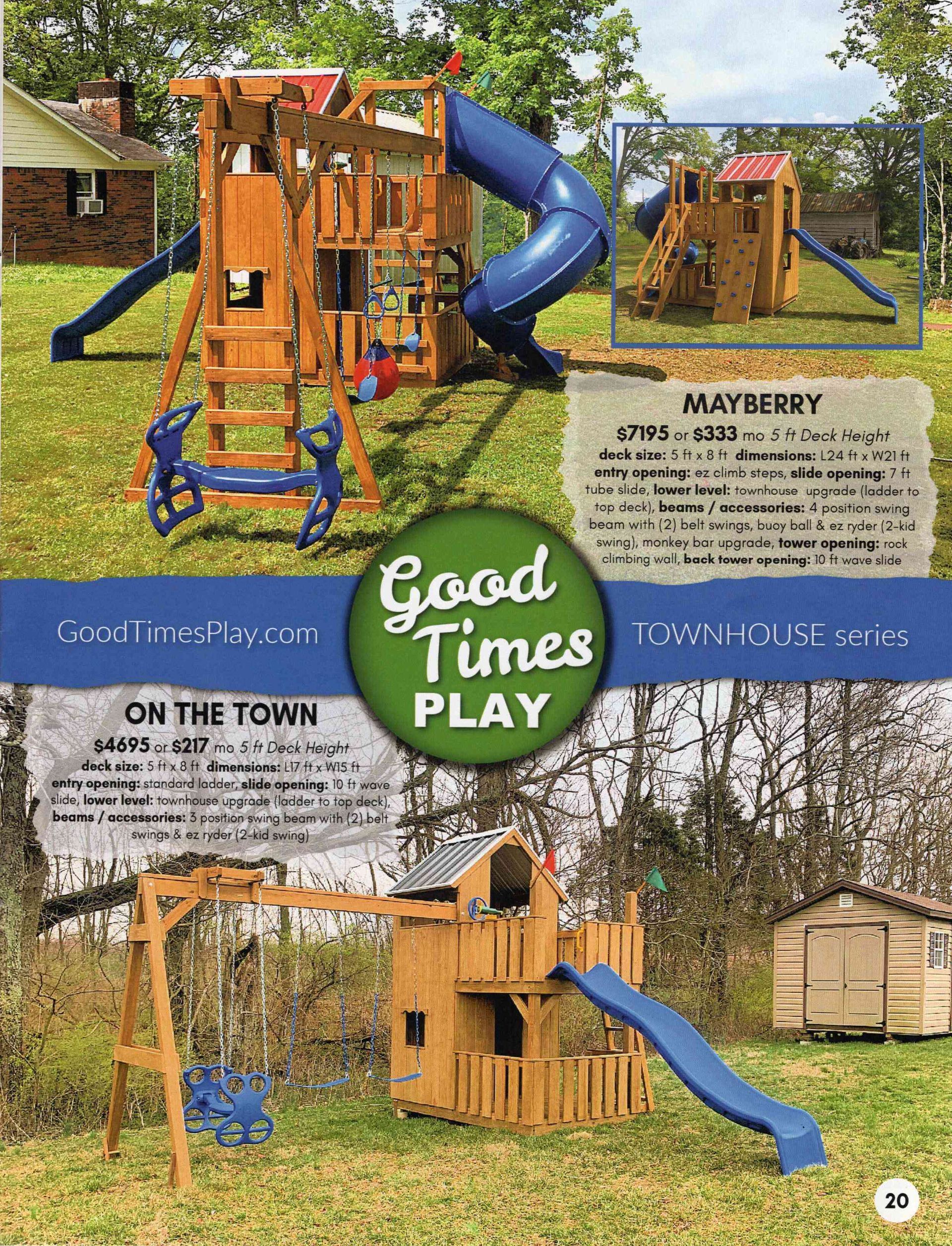 Wooden playsets on a grassy lawn. A blue slide and swings are featured.