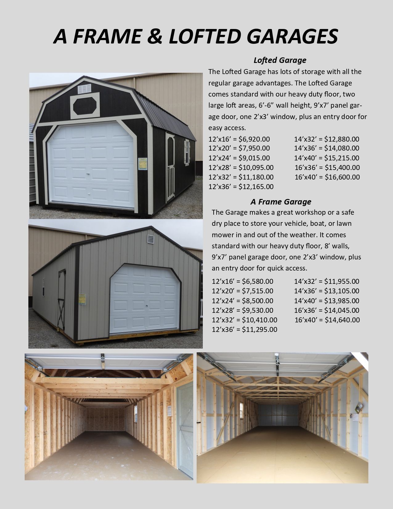 Brochure of shed and garage styles, with dimensions and pricing. Brown and beige background.