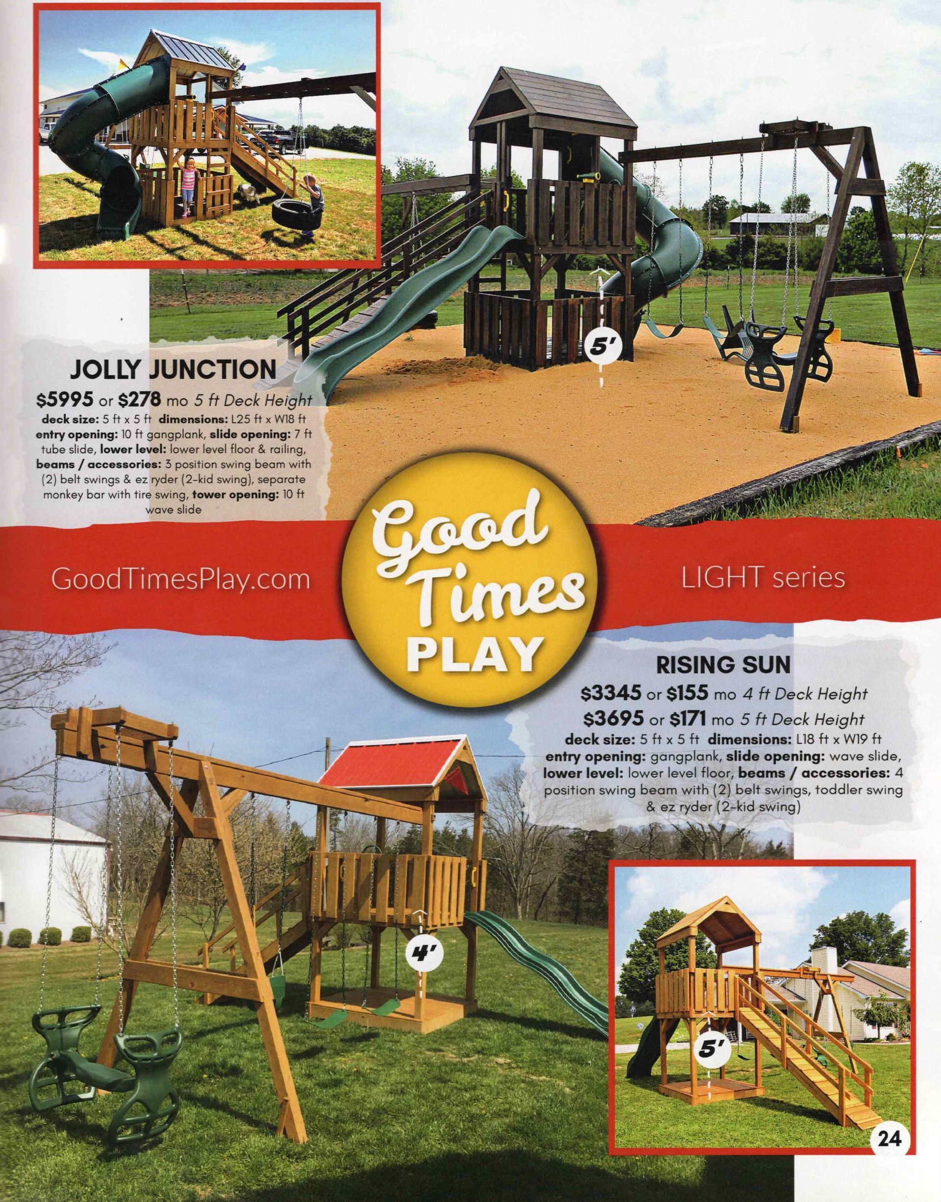 Playground equipment, including swings, slides, and wooden structures, displayed in an advertisement.
