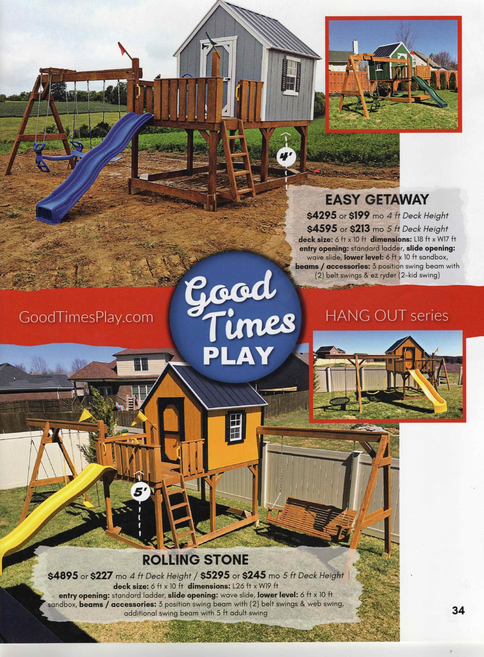 Playground sets with swings, slides, and elevated playhouses in a yard setting.