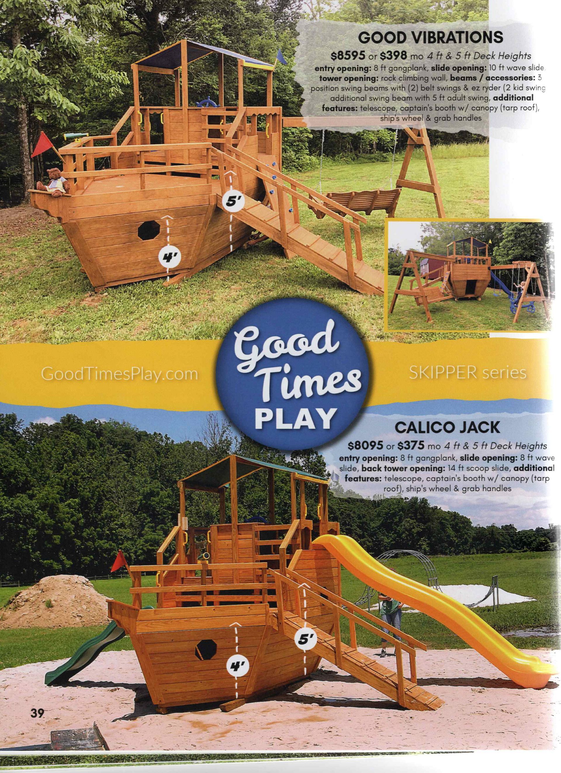 Wooden pirate ship playsets in grass with a swing set and slide.