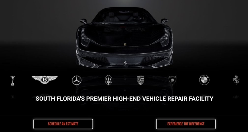 Screenshot of website with black sports car with brand logos below
