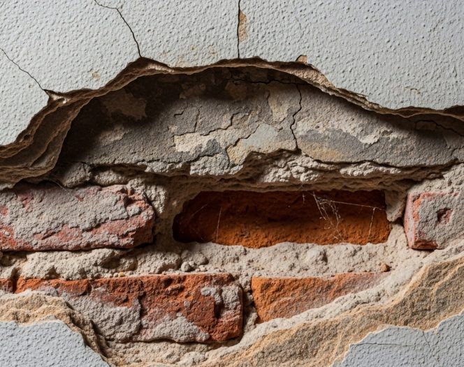 Damaged plaster wall exposing red bricks and a cracked hole