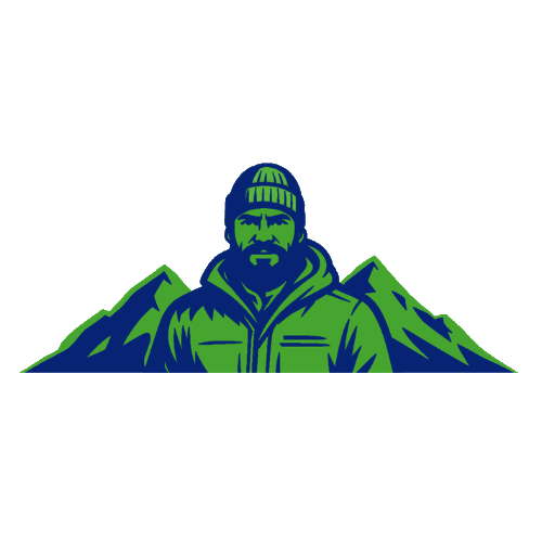 Lumberjack with beard, green jacket, and knit cap, centered between two green and blue mountains.