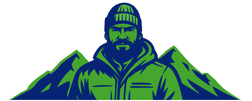 Green and dark blue mountain logo.