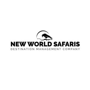 Black-and-white logo for New World Safaris, with a safari animal silhouette and “Destination Management Company” text