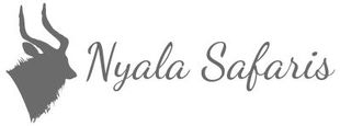 Nyala Safaris logo with a gray antelope silhouette and cursive text on a white background