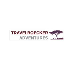 Travelboecker Adventures logo with maroon and gray text and a tree silhouette