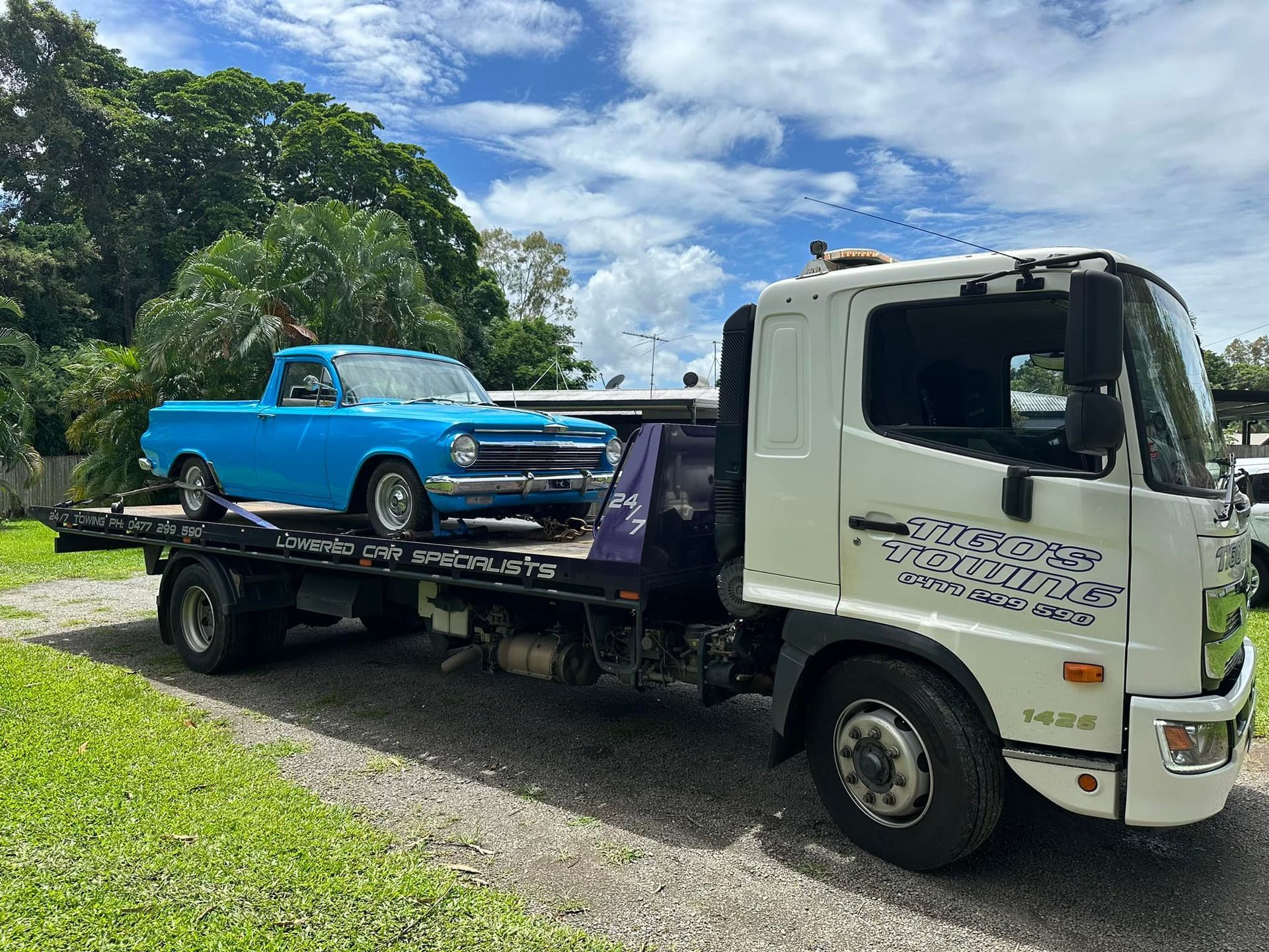 Blue Classic Car on a White Tow Truck — Tigo’s Towing In Cairns City, QLD