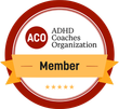 An adhd coaches organization member badge with a yellow ribbon