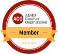 An adhd coaches organization member badge with a yellow ribbon