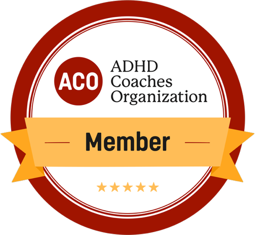 An adhd coaches organization member badge with a yellow ribbon