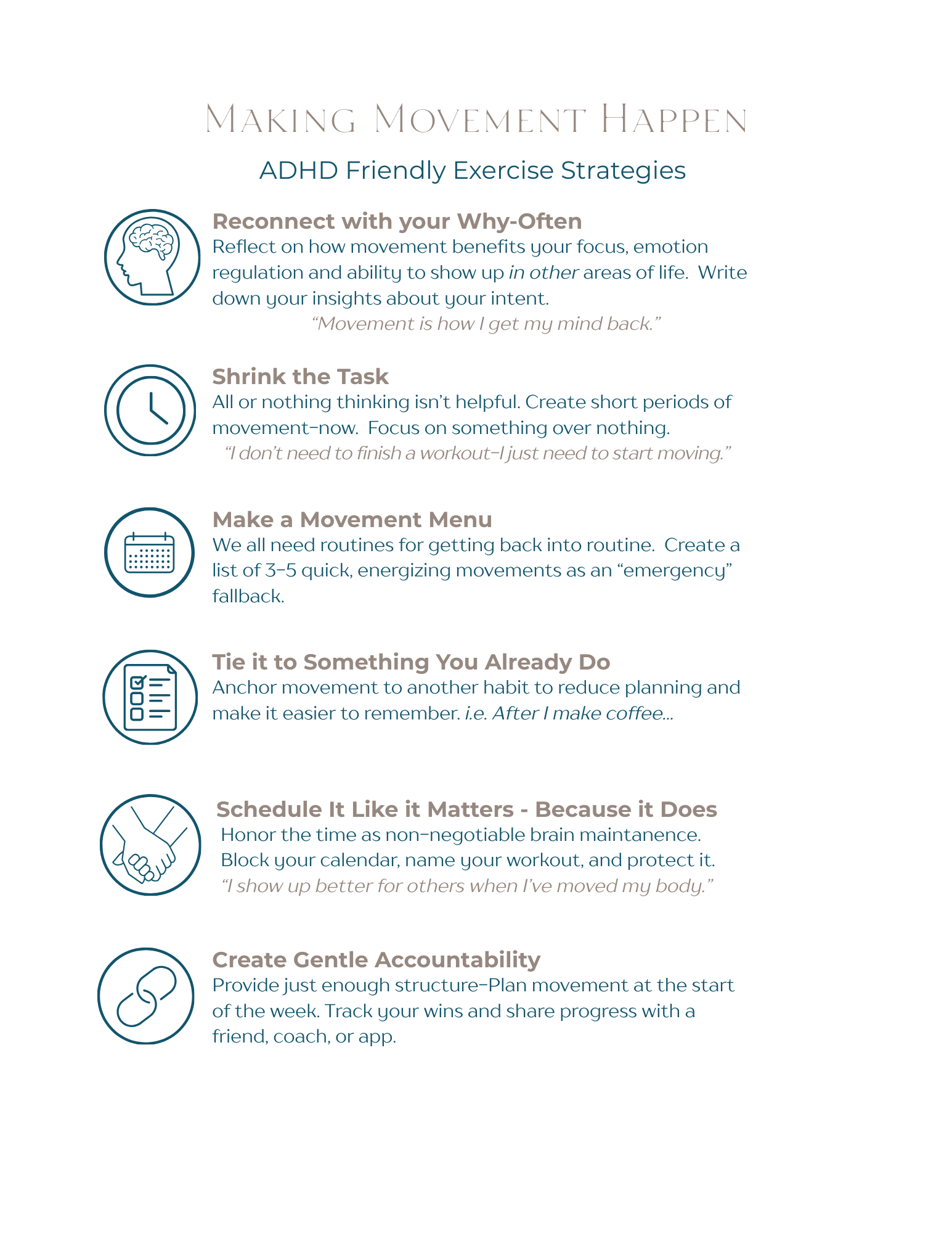 A white sheet of paper with a list of steps for making movement happen.