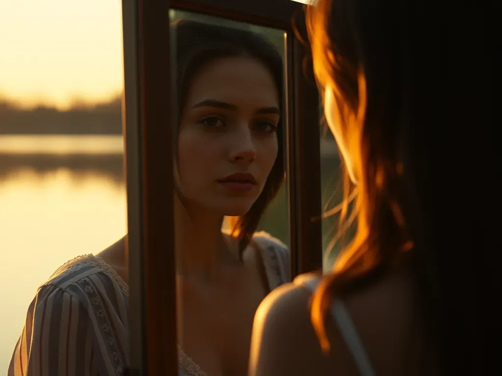 A woman is looking at her reflection in a mirror.