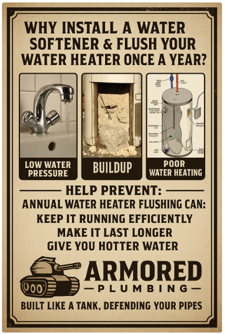 Advertisement promoting water softener installation and annual water heater flushing, showing buildup and poor heating.
