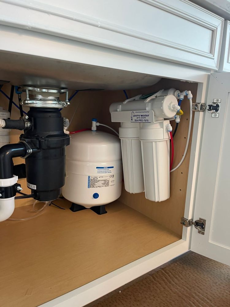 Under-sink view of a kitchen cabinet. A garbage disposal, water filter system.