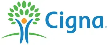 Cigna logo: a tree-like figure with blue arms and green leaves, and the word 