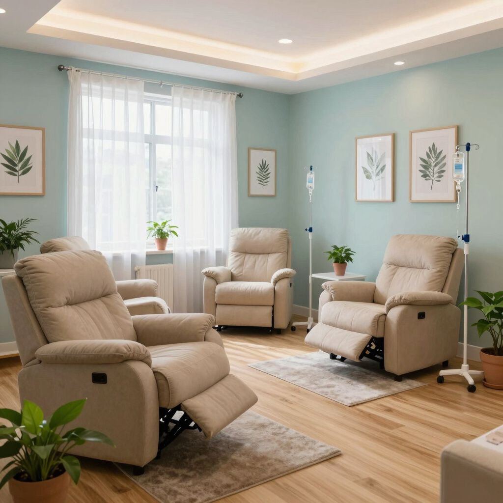 Room with recliner chairs, IV poles, and artwork; a calming, light blue-green space.