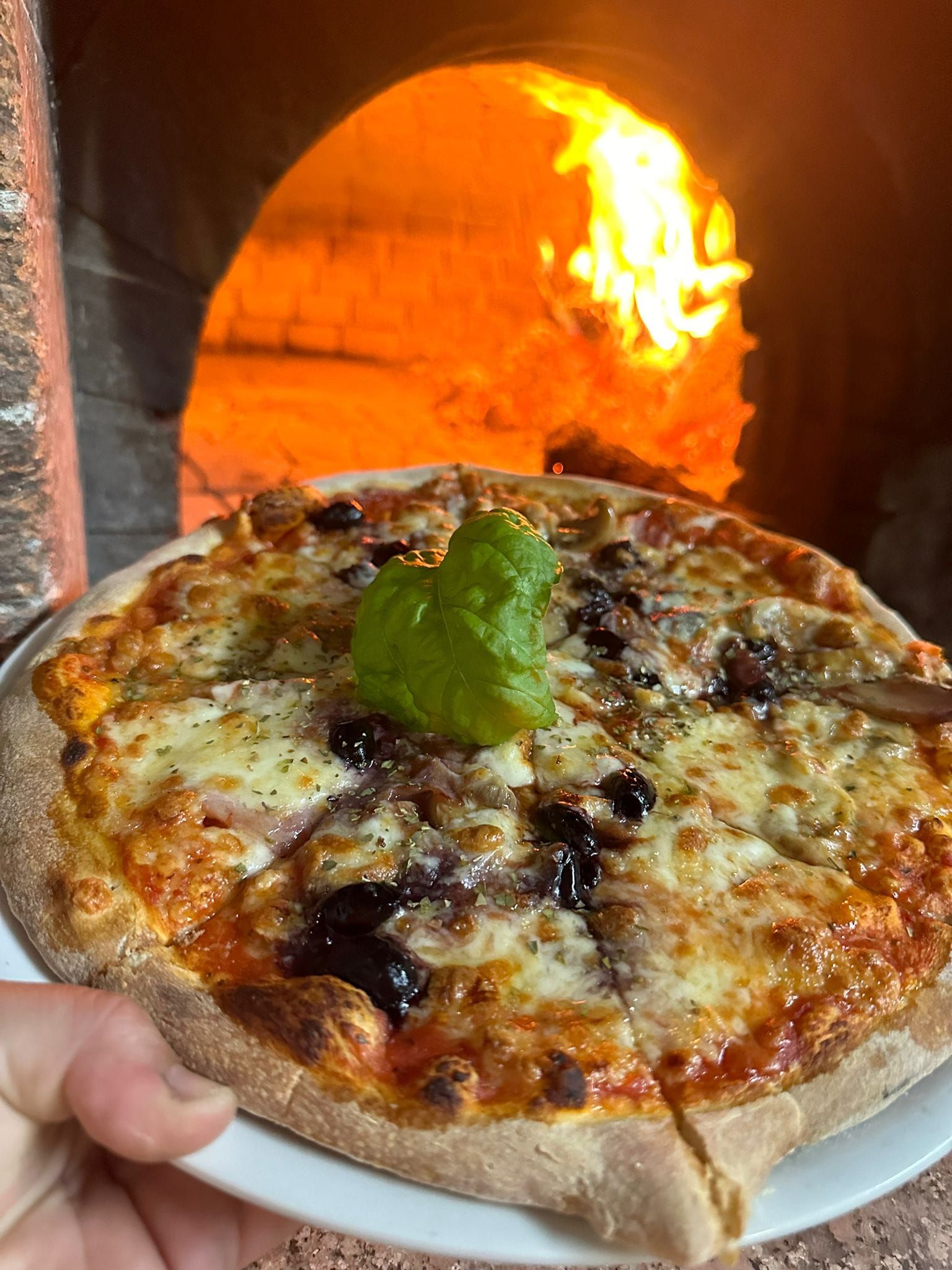 Pizza cotta nel forno a legna. La pizza è condita con formaggio, olive e una foglia di basilico.