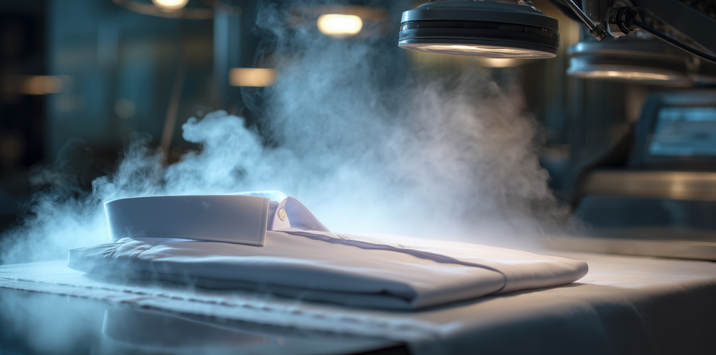 Camicia bianca fumante su un tavolo, con nebbia visibile.