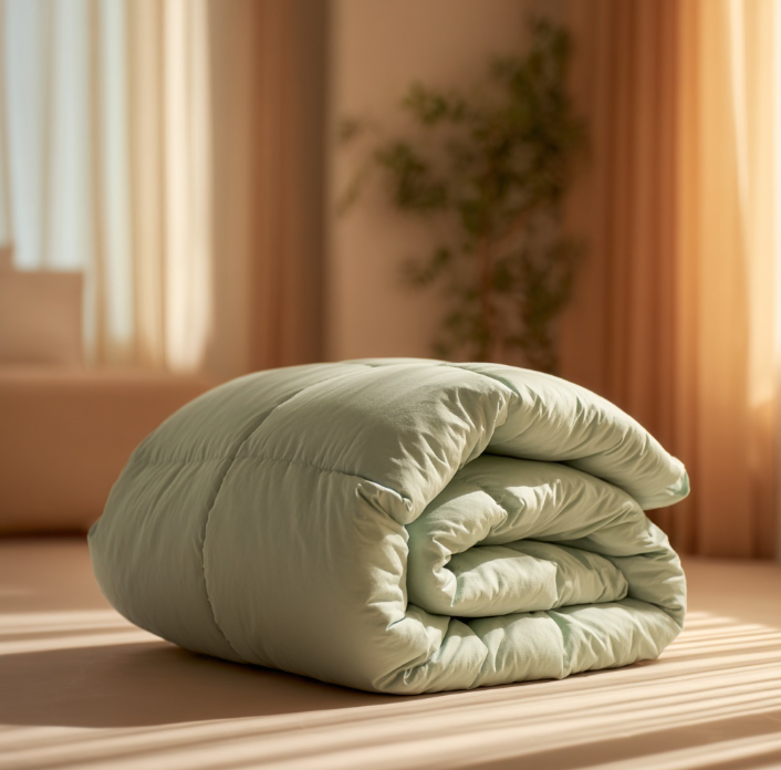 Coperta verde chiaro piegata su un pavimento beige chiaro, con luce solare e sfondo tenue.