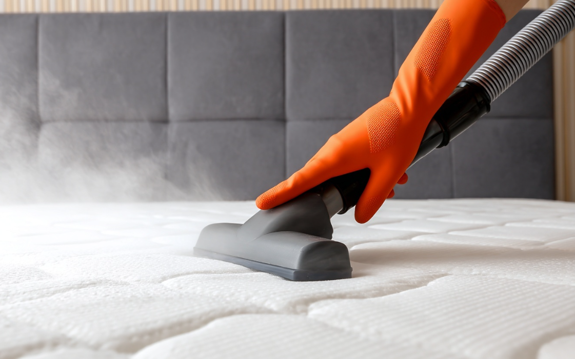 Persona con guanto arancione che pulisce a vapore un materasso bianco.