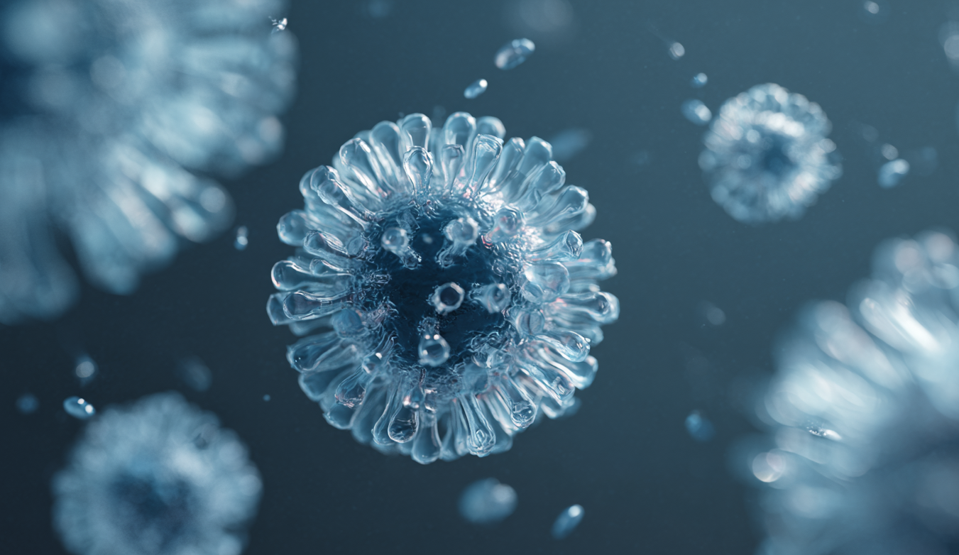 Particella virale blu con superficie appuntita, che galleggia insieme ad altre particelle.