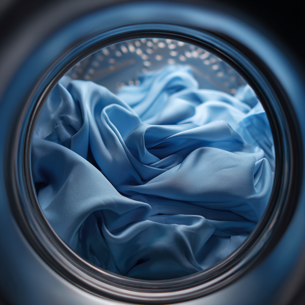 Tessuto blu all'interno di una lavatrice, visto attraverso lo sportello in vetro.