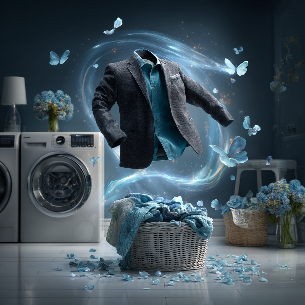 Una giacca e una camicia fluttuanti sopra un cesto della biancheria in una lavanderia a tema blu con farfalle.