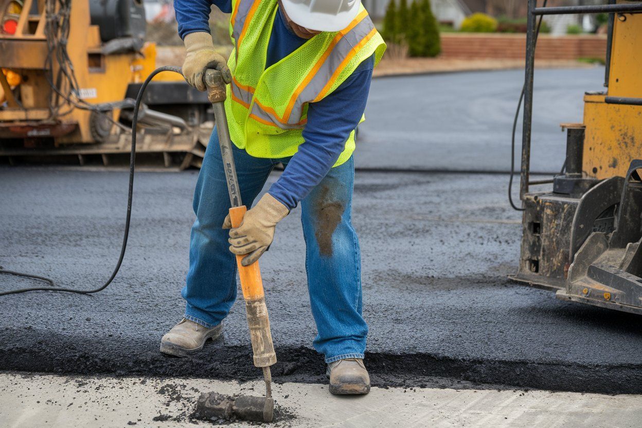 A construction worker is using a hammer to drill a hole in the ground.