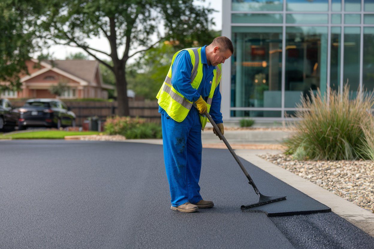 A man is spreading asphalt on a parking lot with a rake.
