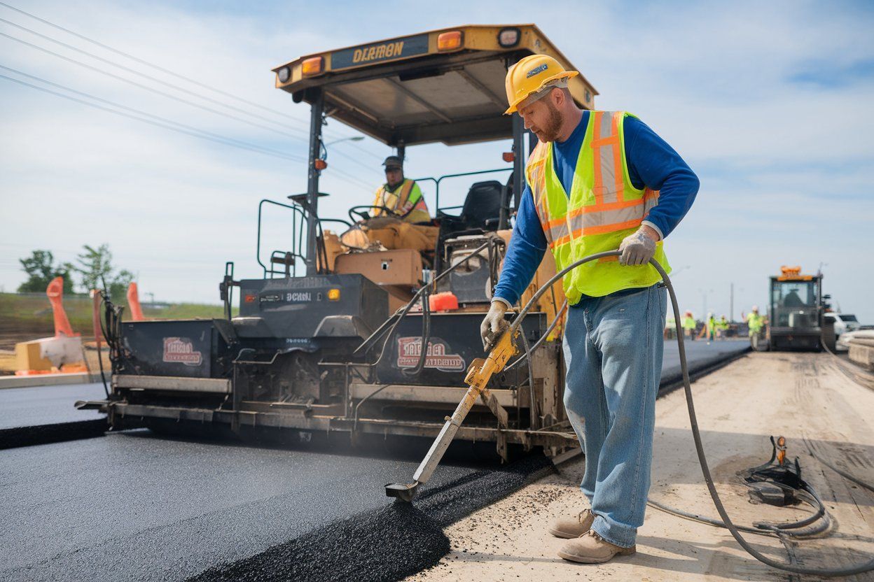 A construction worker is spreading asphalt on a road.